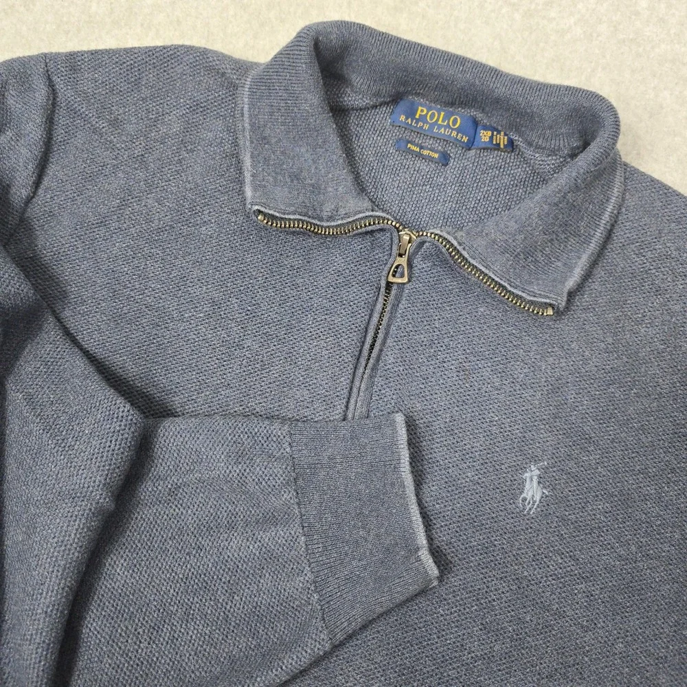 Polo Ralph Lauren 2XB Blue Pima Cotton Pique 1/4‎ Zip Knit Pullover Sweater